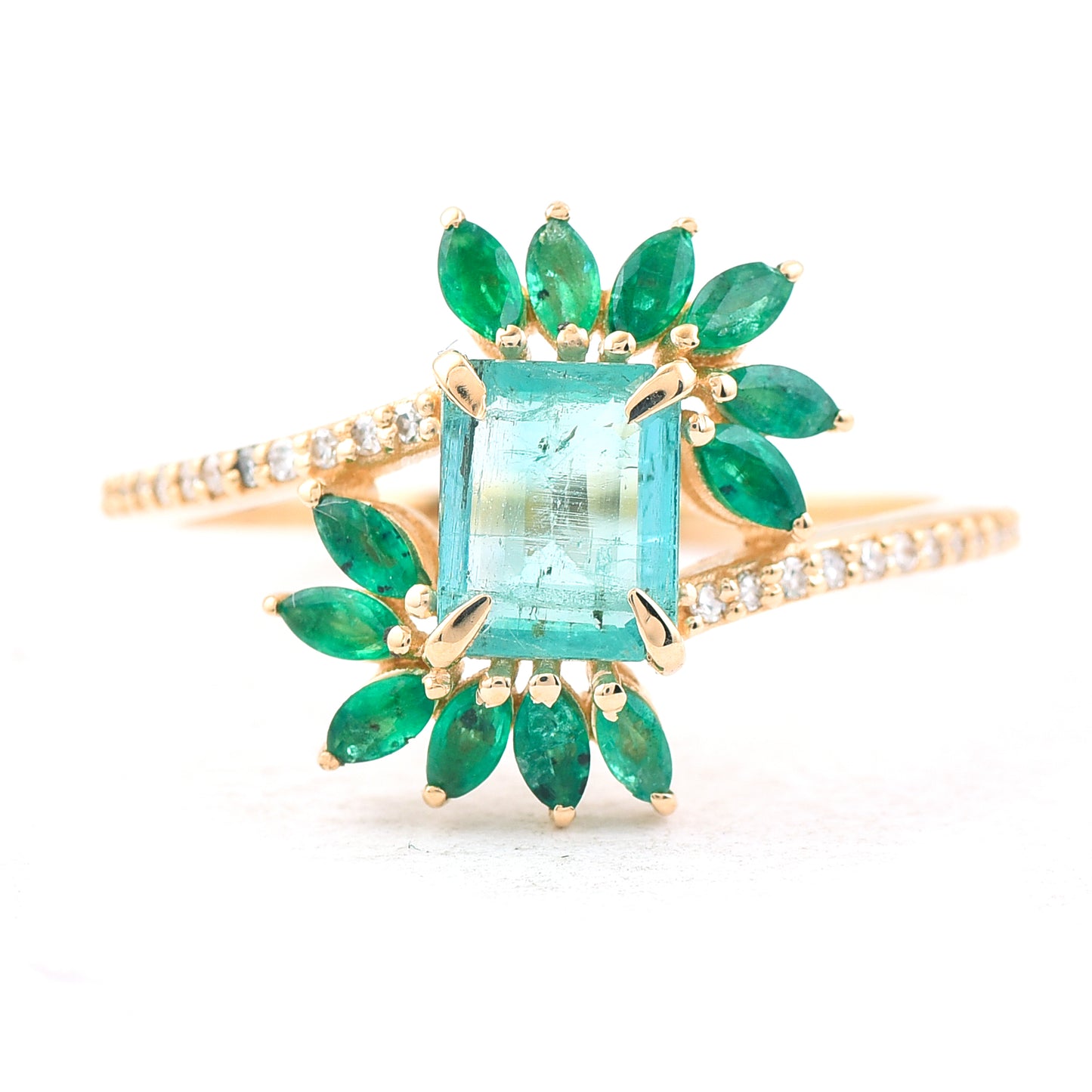 1.23 Ct Octagon Step Cut, Marquise Mixed Cut Natural Emerald 14K Gold Ring
