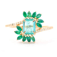 1.23 Ct Octagon Step Cut, Marquise Mixed Cut Natural Emerald 14K Gold Ring