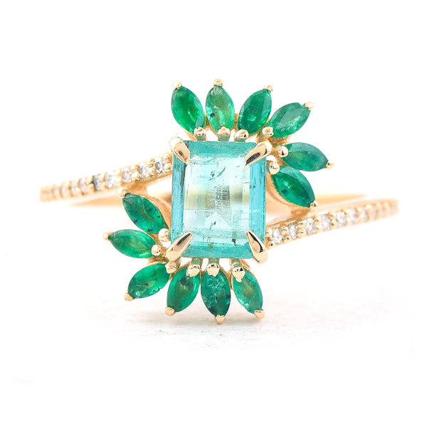 1.23 Ct Octagon Step Cut, Marquise Mixed Cut Natural Emerald 14K Gold Ring