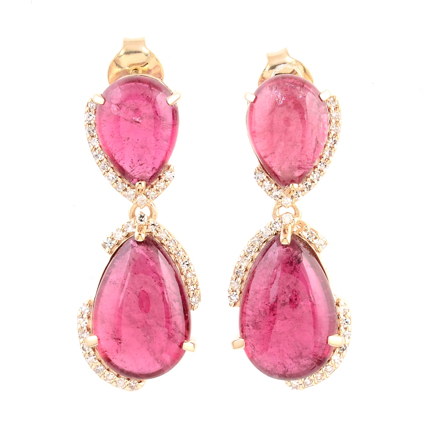 10.54 Ct Pear Cabochon Natural Tourmaline 14K Gold Earrings