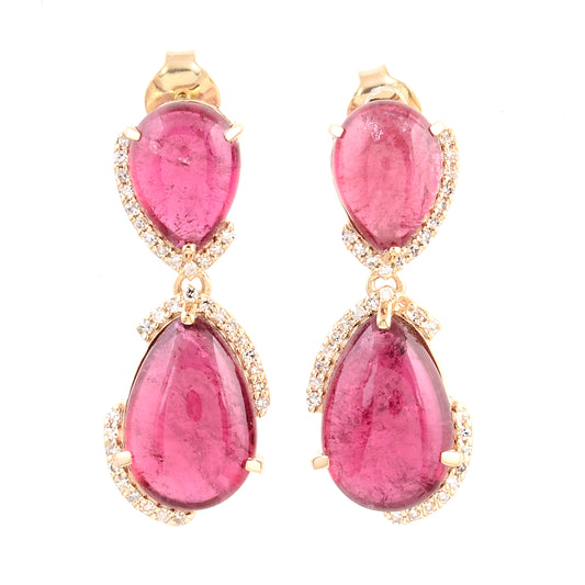 10.54 Ct Pear Cabochon Natural Tourmaline 14K Gold Earrings