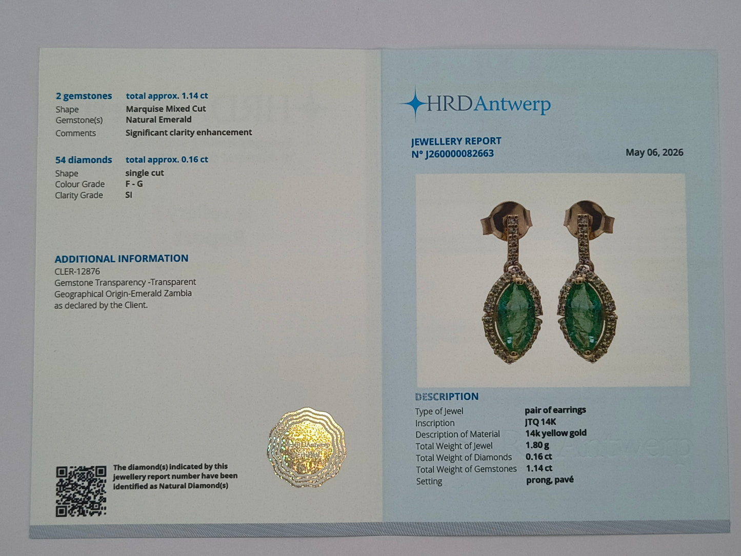 1.30 Ct Marquise Mixed Cut Natural Emerald 14K Gold Earrings