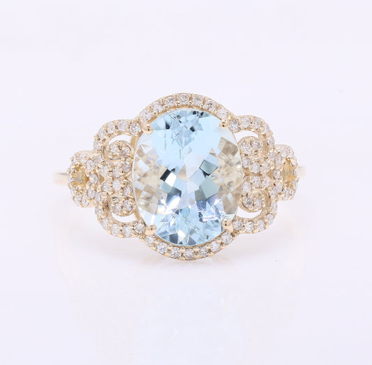 2.98 Ct Oval Mixed Cut Natural Aquamarine 14K Gold Ring