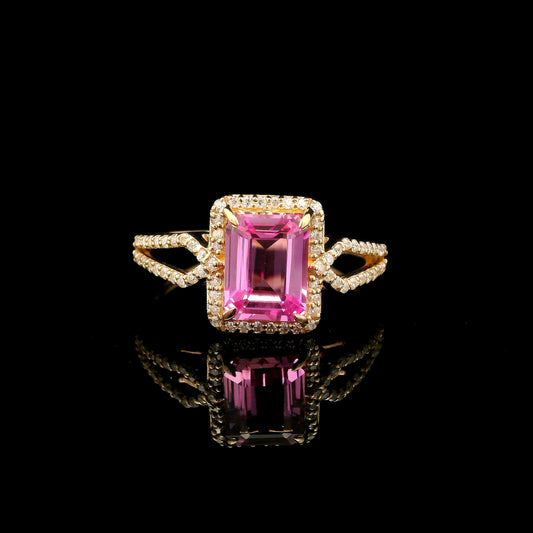 2.20 Ct Emerald Cut Lab Grown Pink Sapphire 14K Gold Ring