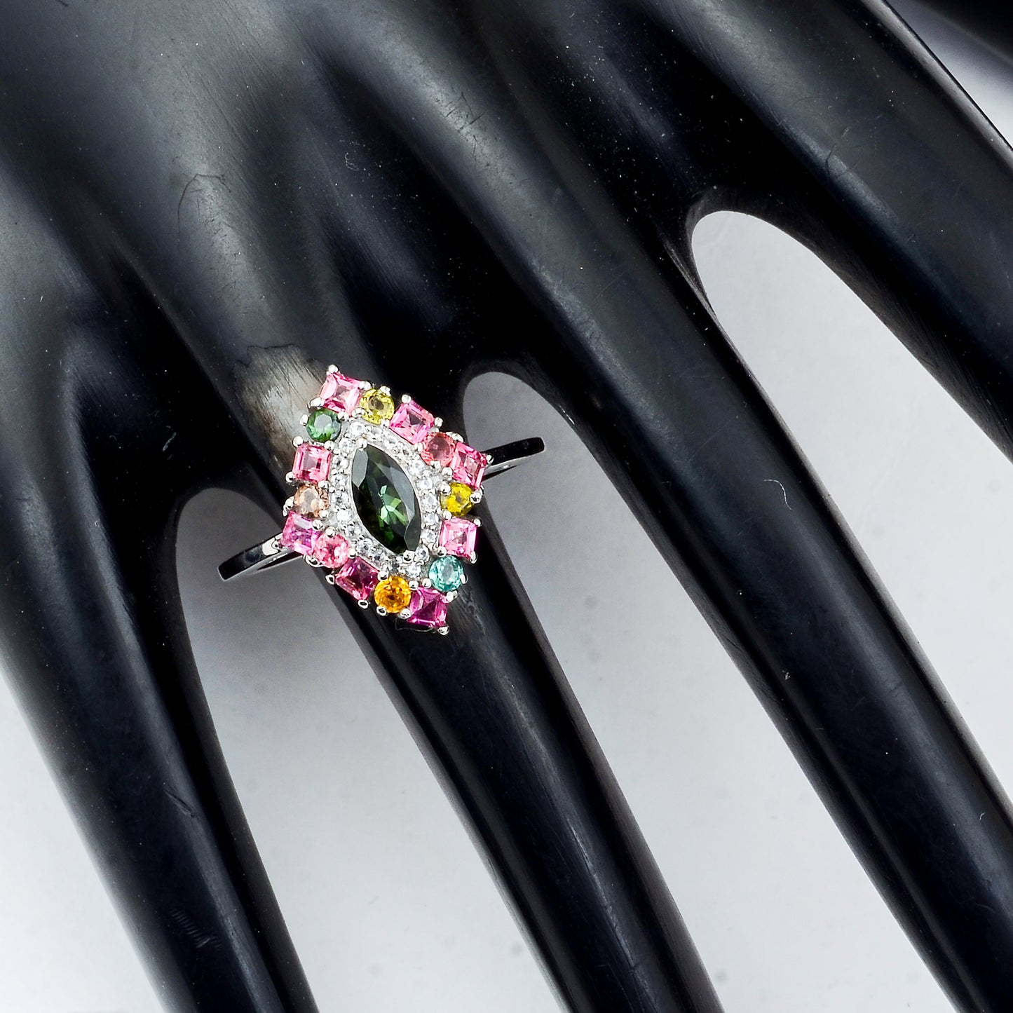 1.20 Ct Marquise Mixed Cut, Square Step Cut, Round Mixed Cut Natural Multi-Coloured Tourmaline 950 Platinum Ring