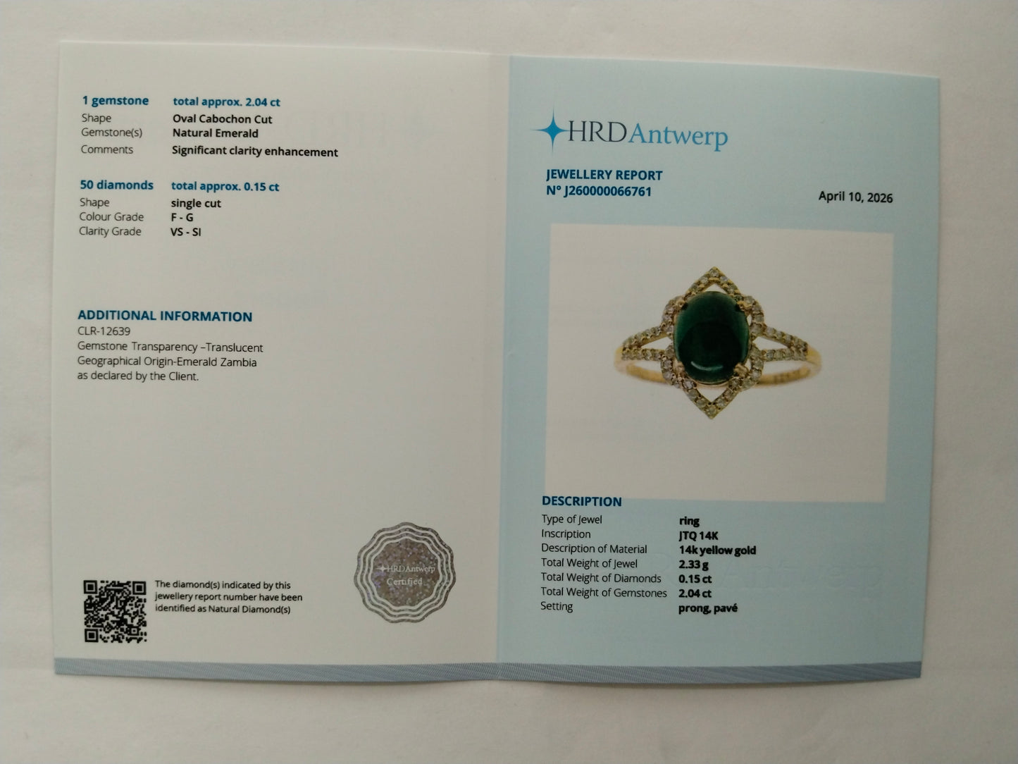 2.19 Ct Oval Cabochon Cut Natural Emerald 14K Gold Ring