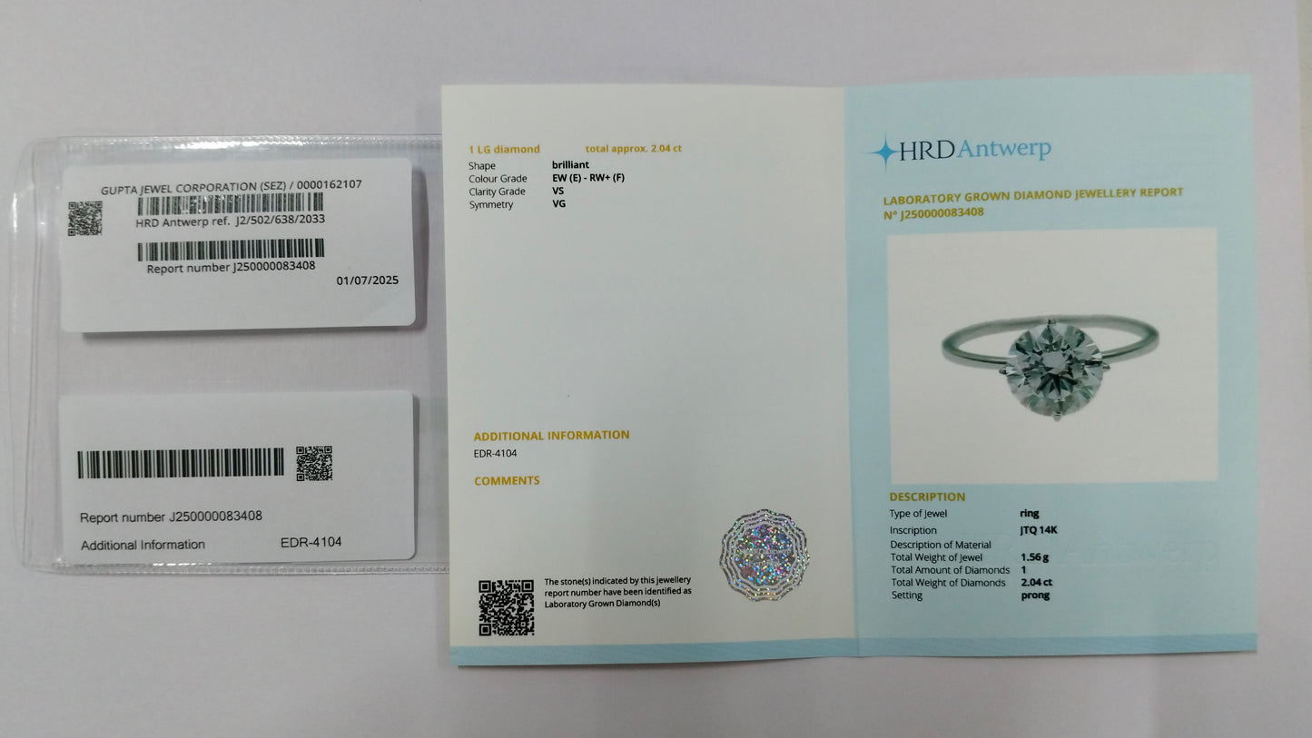 2.04 Carats Lab Grown Diamond 14K Gold Ring