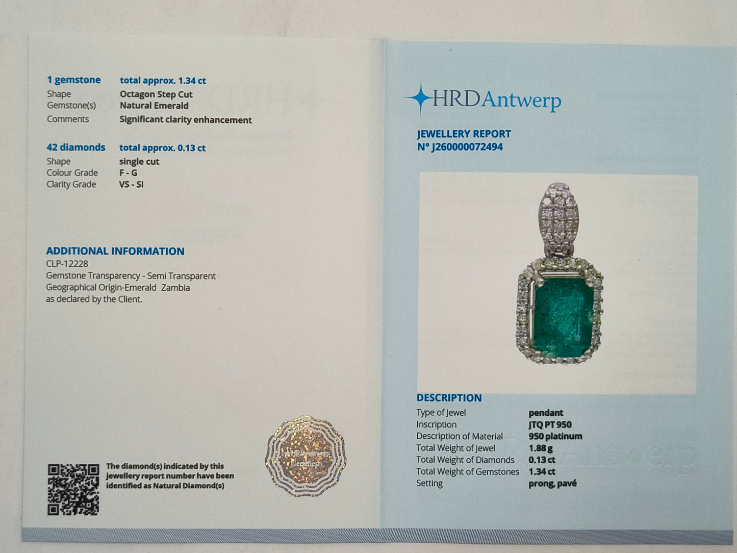 1.47 Ct Octagon Step Cut Natural Emerald 950 Platinum Pendant