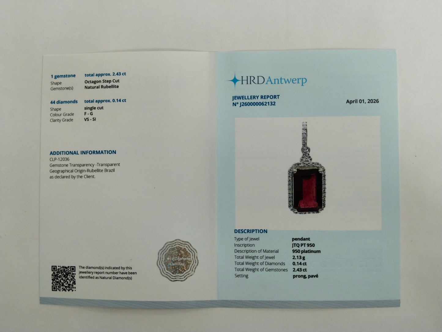 2.57 Ct Octagon Step Cut Natural Rubellite 950 Platinum Pendant