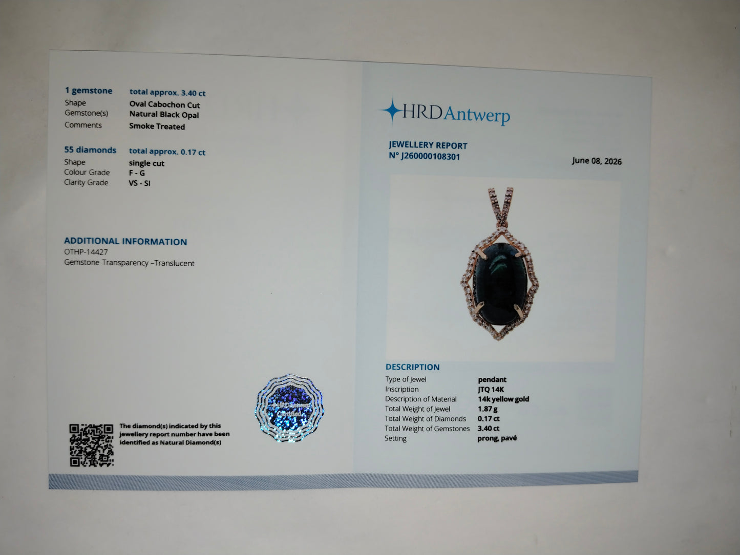 3.57 Ct Oval Cabochon Cut Natural Black Opal 14K Gold Pendant