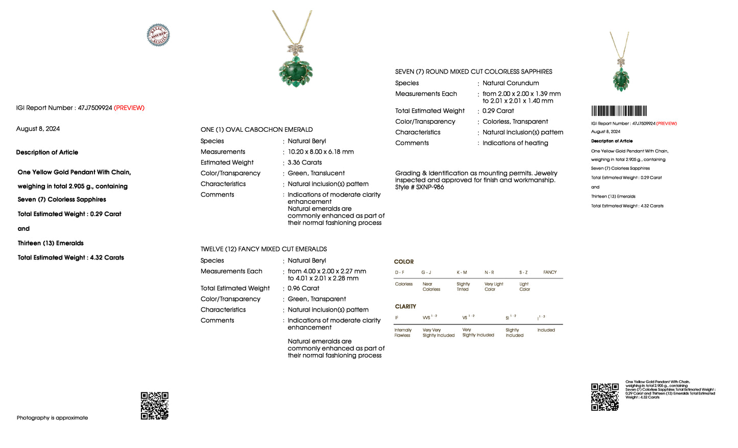 4.61 Ct Oval Natural Beryl Emerald 14K Gold Pendant