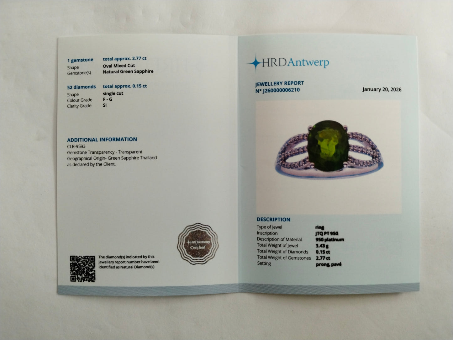 2.92 Ct Oval Mixed Cut Natural Green Sapphire 950 Platinum Ring