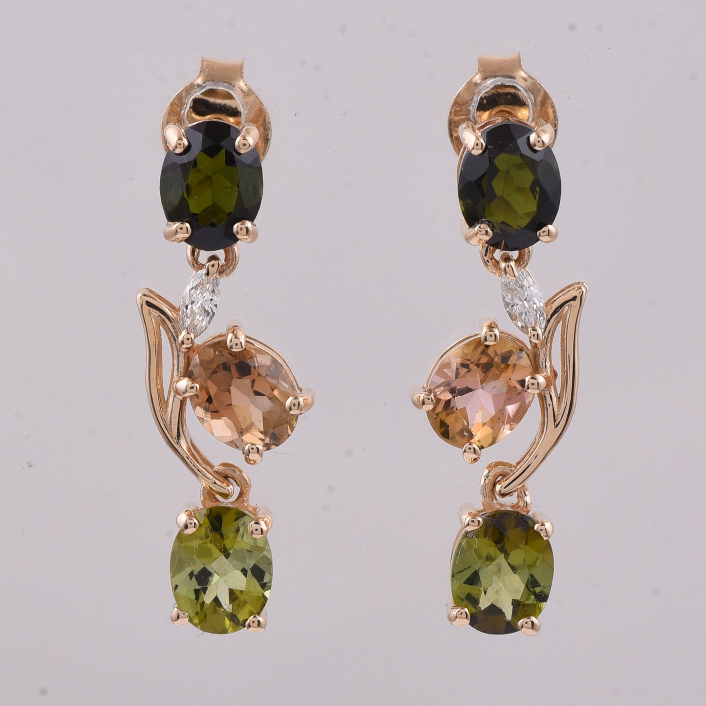 2.23 Ct Oval Natural Multi-Coloured Tourmaline 14K Gold Earrings