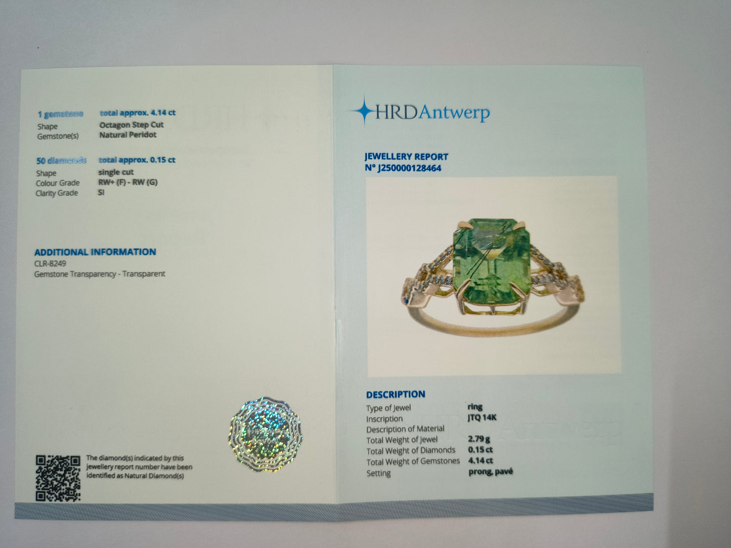 4.29 Ct Octagon Natural Eridot 14K Gold Ring