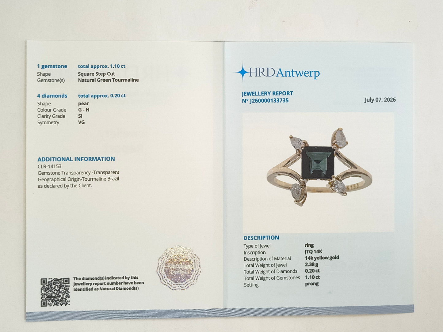 1.30 Ct Square Step Cut Natural Green Tourmaline 14K Gold Ring