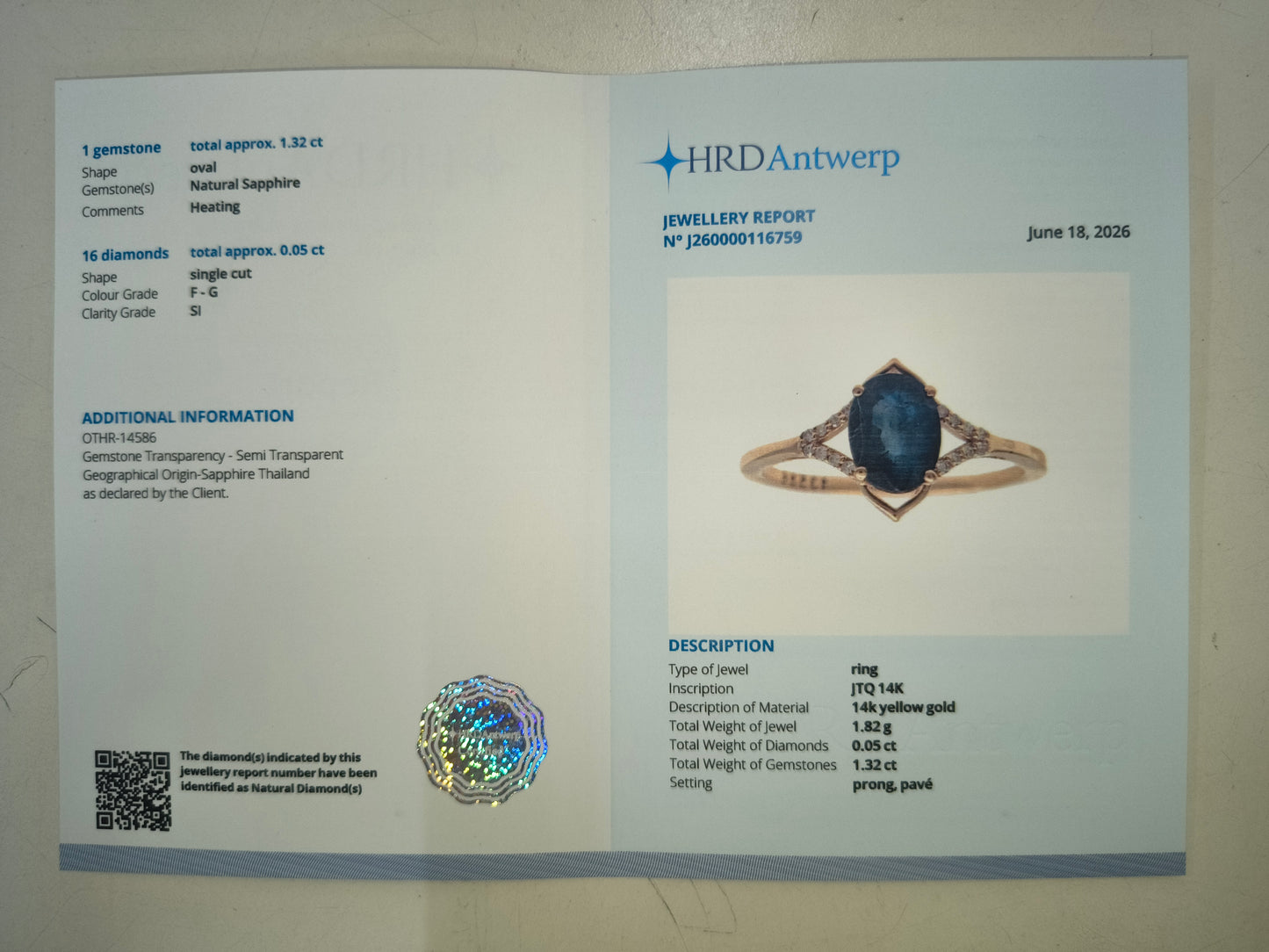 1.37 Ct Oval Natural Sapphire 14K Gold Ring