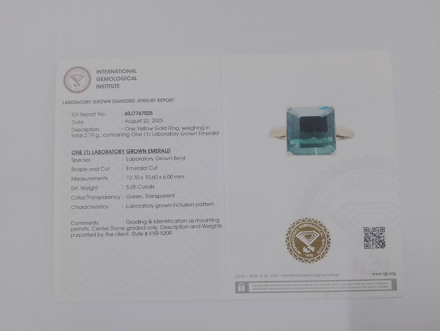 5.17 Ct Emerald Cut Lab Grown Emerald 14K Gold Ring