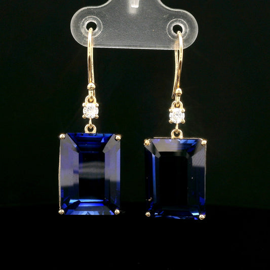 31.07 Ct Emerald Cut Lab Grown Sapphire 14K Gold Earrings