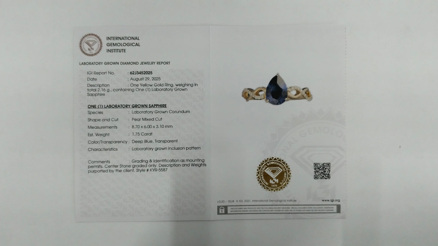 1.83 Ct Pear Mixed Cut Lab Grown Sapphire 14K Gold Ring