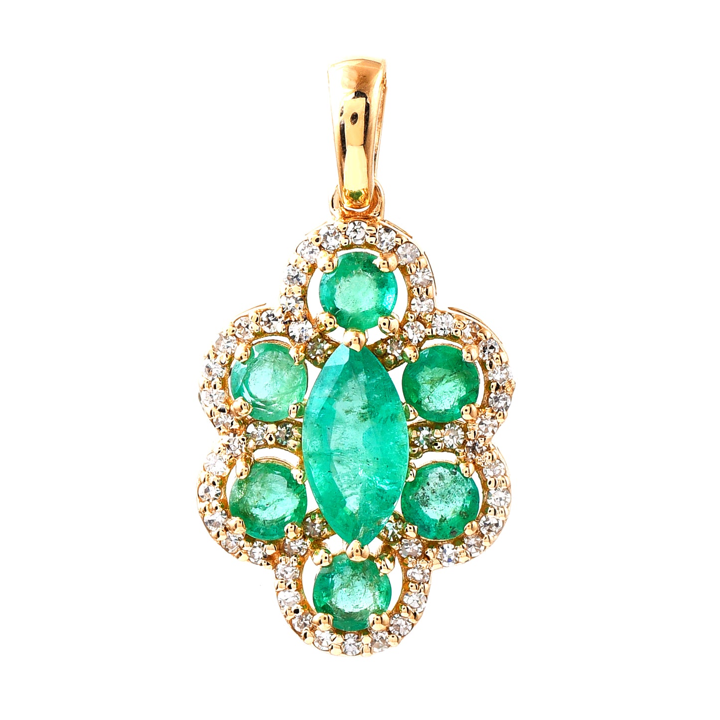 1.40 Ct Marquise Mixed Cut, Round Mixed Cut Natural Emerald 14K Gold Pendant