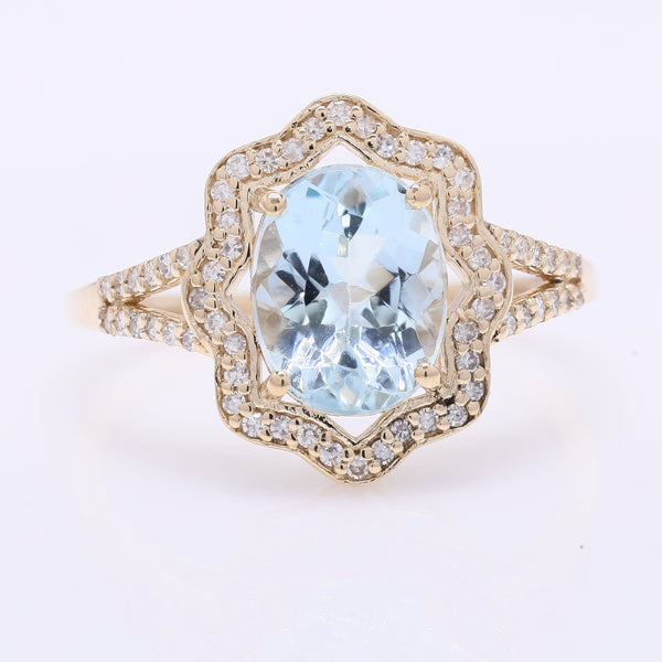 1.83 Ct Oval Mixed Cut Natural Aquamarine 14K Gold Ring