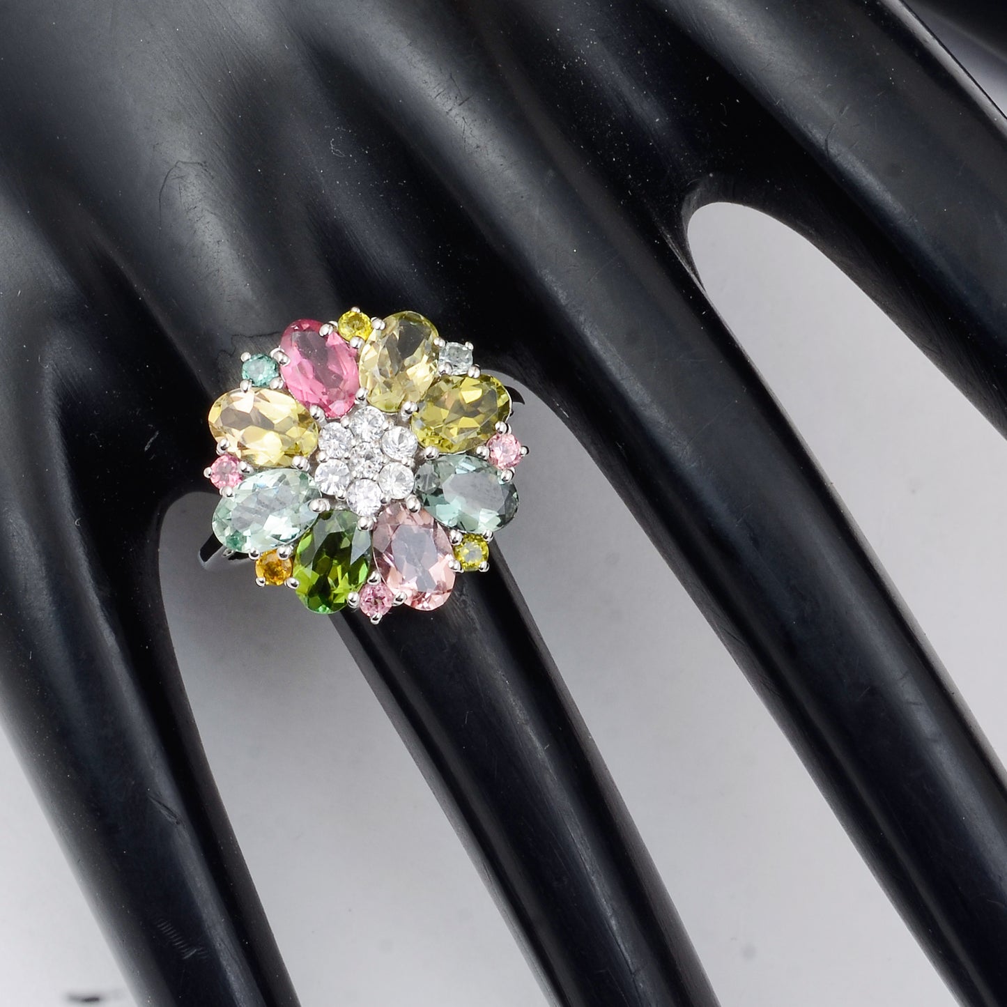 3.71 Ct Oval Mixed Cut, Round Mixed Cut Natural Multi-Coloured Tourmaline 950 Platinum Ring