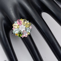 3.71 Ct Oval Mixed Cut, Round Mixed Cut Natural Multi-Coloured Tourmaline 950 Platinum Ring