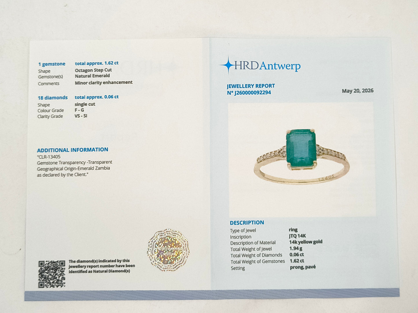 1.68 Ct Octagon Emerald 14K Gold Ring