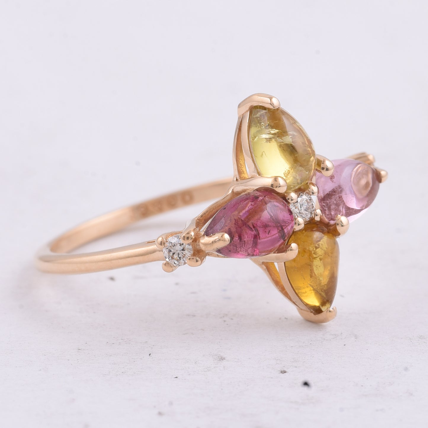 1.80 Ct Pear Cabochon Natural Multi Coloured Tourmaline 14K Gold Ring