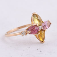 1.80 Ct Pear Cabochon Natural Multi Coloured Tourmaline 14K Gold Ring