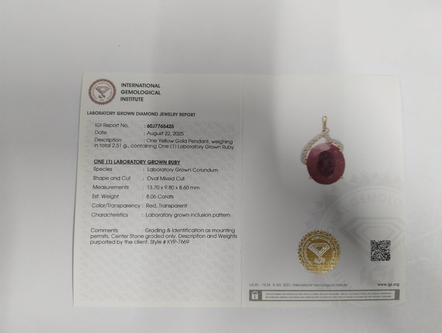 8.17 Ct Oval Mixed Cut Lab Grown Ruby 14K Gold Pendant