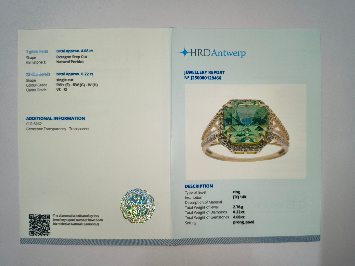 4.30 Ct Octagon Natural Eridot 14K Gold Ring