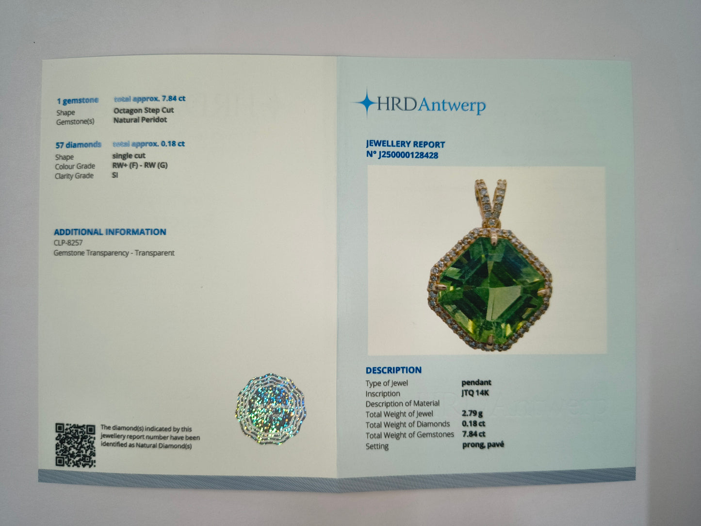 8.02 Ct Octagon Natural Eridot 14K Gold Pendant