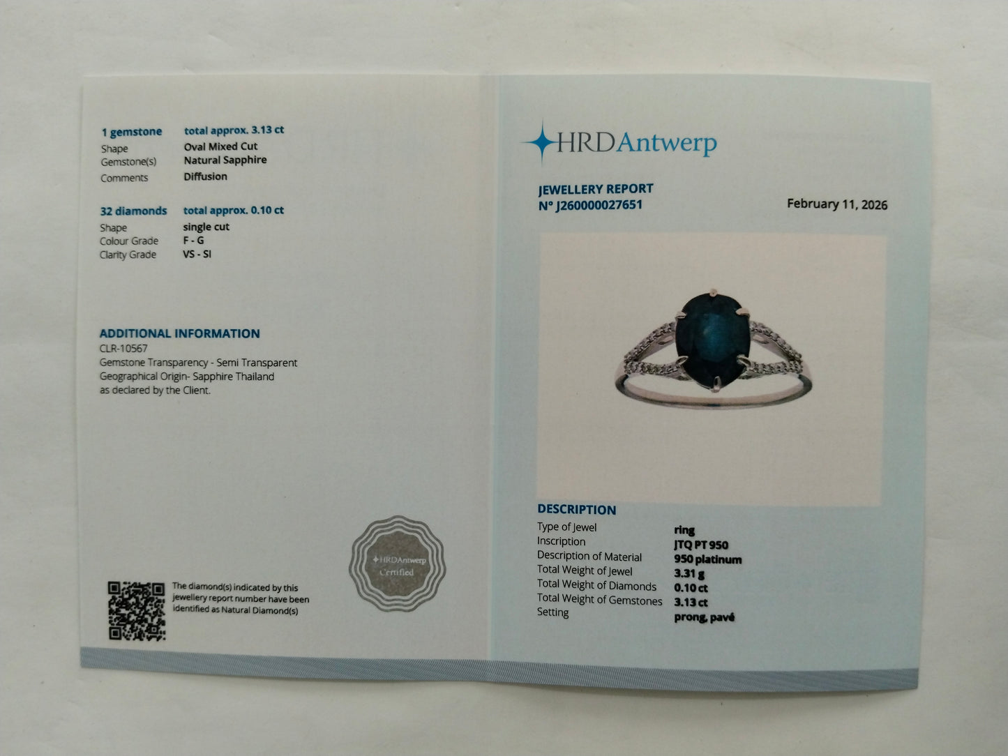 3.23 Ct Oval Mixed Cut Natural Sapphire 950 Platinum Ring