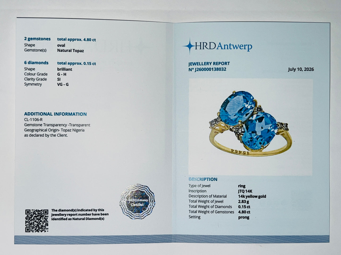 4.95 Ct Oval Natural Topaz 14K Gold Ring