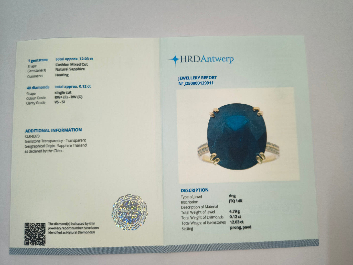 12.15 Ct Cushion Natural Sapphire 14K Gold Ring