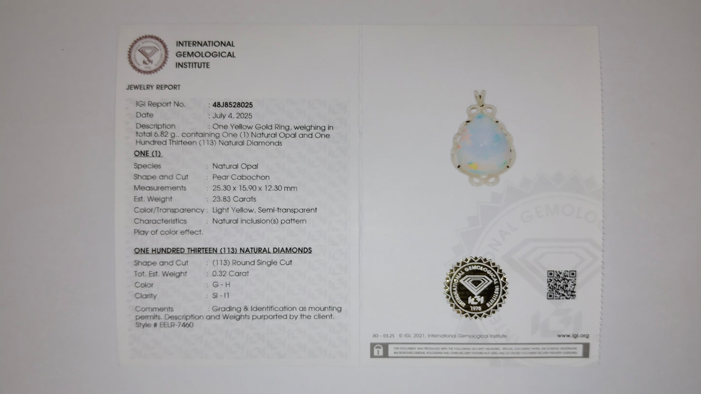 24.15 Ct Pear Cabochon Natural Opal 14K Gold Pendant