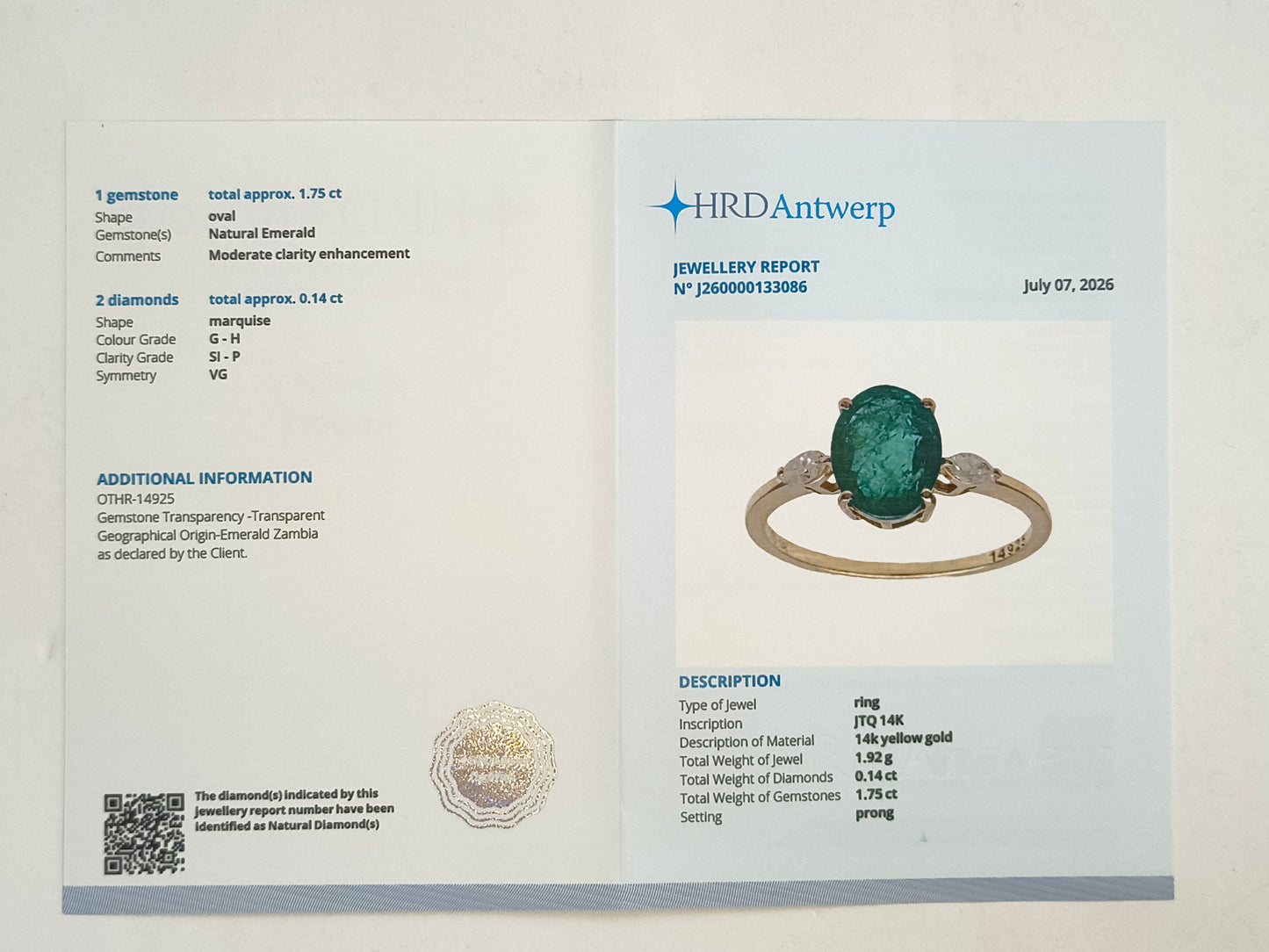 1.89 Ct Oval Natural Emerald 14K Gold Ring