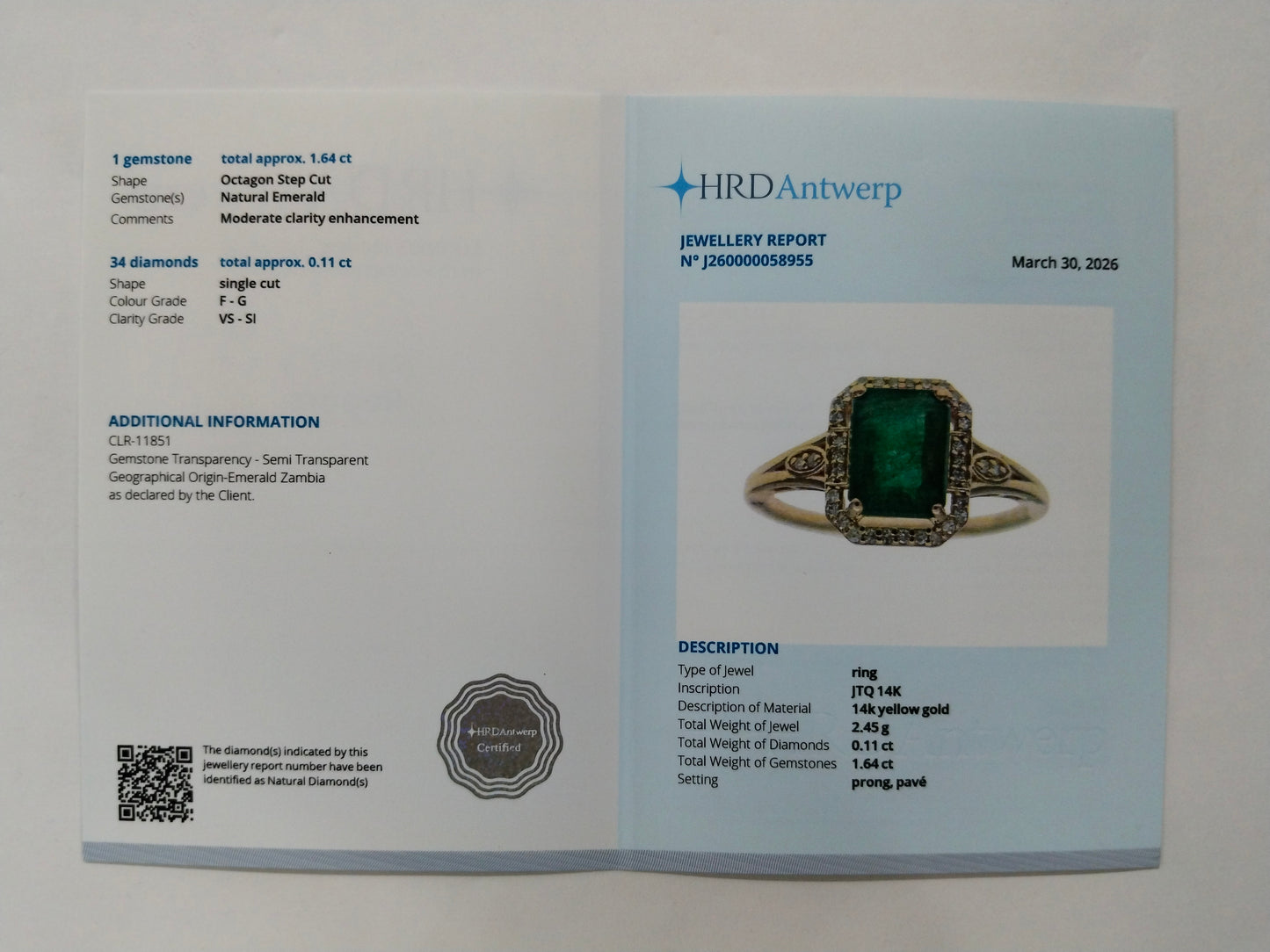 1.75 Ct Octagon Step Cut Natural Emerald 14K Gold Ring