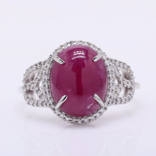 5.94 Ct Oval Cabochon Cut Natural Ruby 950 Platinum Ring