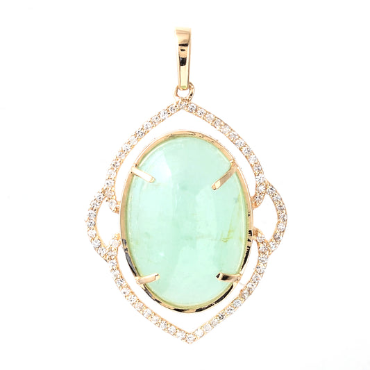 11.81 Ct Oval Cabochon Natural Beryl Emerald 14K Gold Pendant