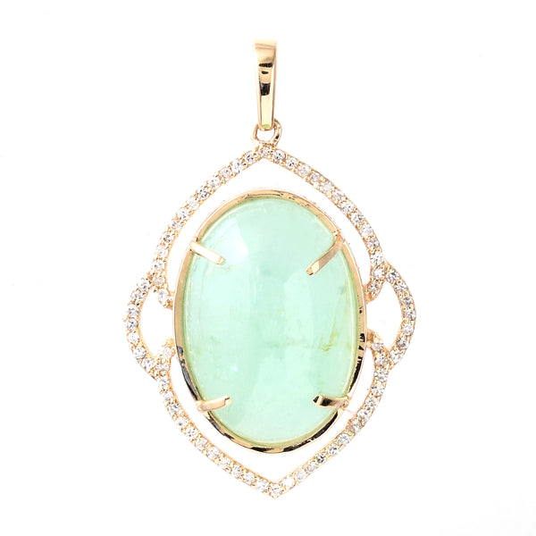11.81 Ct Oval Cabochon Natural Beryl Emerald 14K Gold Pendant