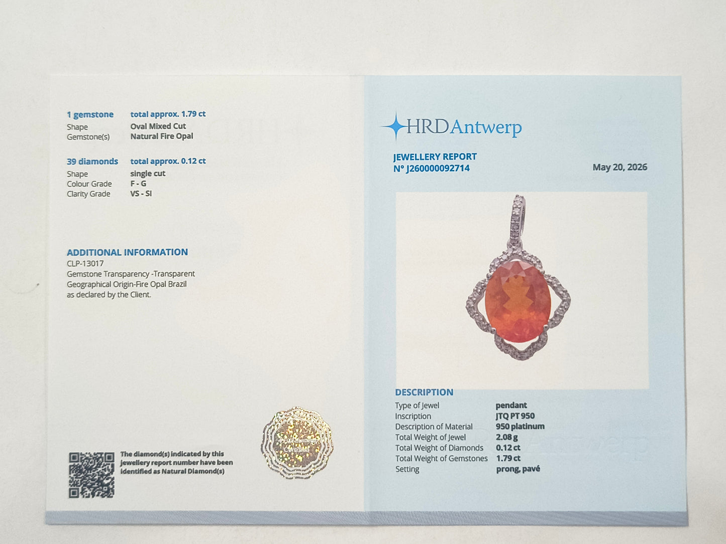 1.91 Ct Oval Fire Opal 950 Platinum Pendant