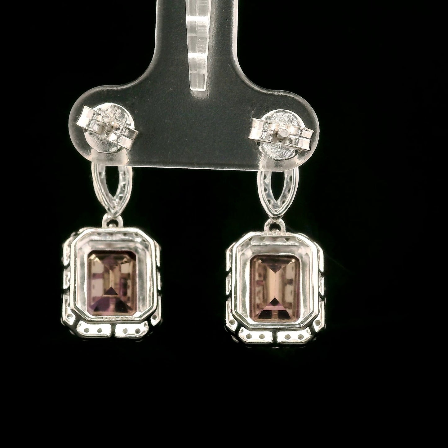 6.91 Ct Octagon Pink Topaz, White Zircon 925 Sterling Silver Earrings