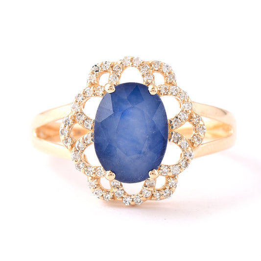 2.93 Ct Oval Mixed Cut Natural Sapphire 14K Gold Ring