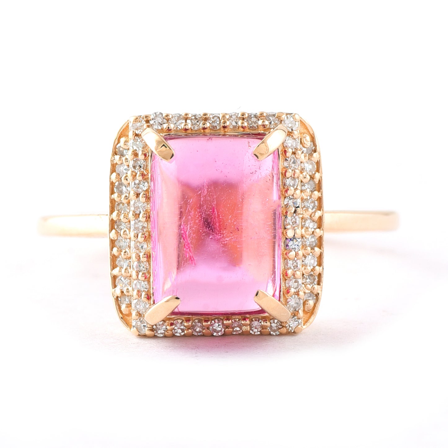 2.97 Ct Cushion Cabochon Cut Natural Pink Tourmaline 14K Gold Ring