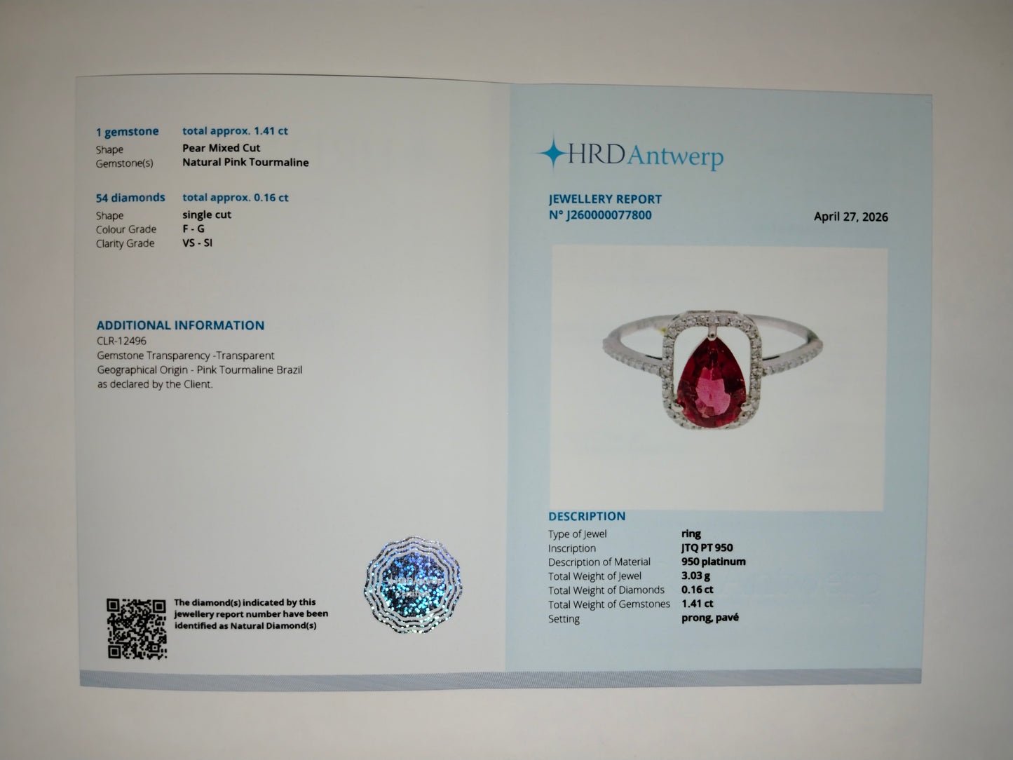 1.57 Ct Pear Mixed Cut Natural Pink Tourmaline 950 Platinum Ring