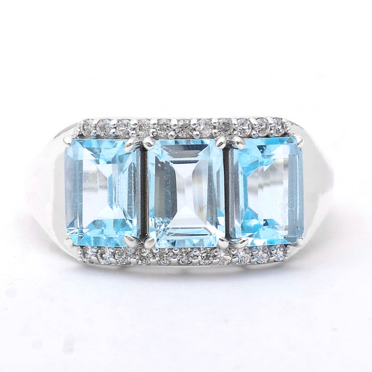 4.17 Ct Octagon Blue Topaz, White Zircon 925 Sterling Silver Ring