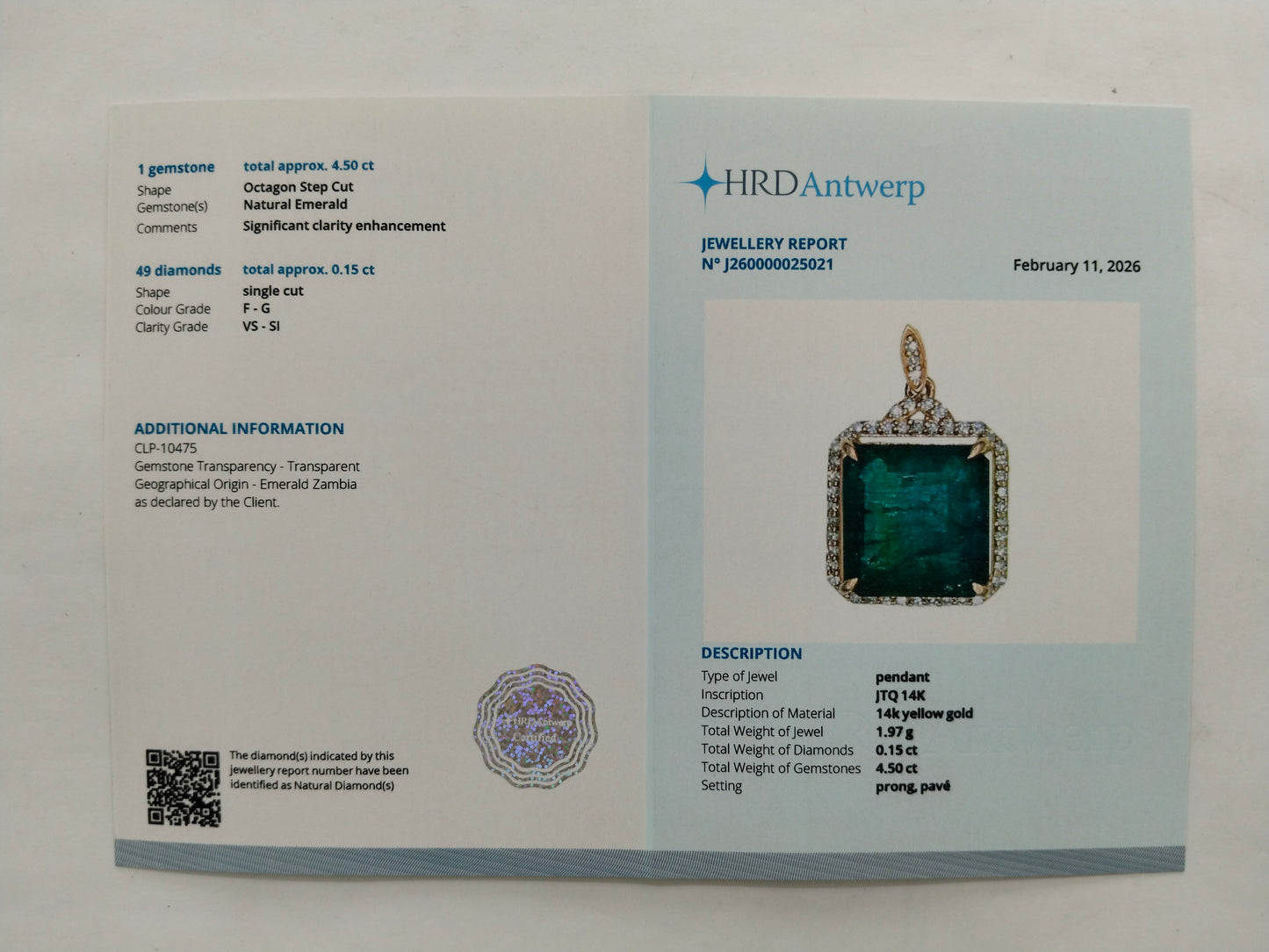 4.65 Ct Octagon Step Cut Natural Emerald 14K Gold Pendant