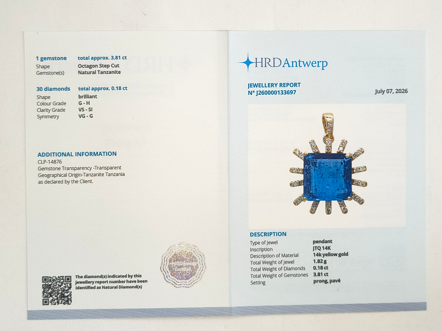 3.99 Ct Octagon Step Cut Natural Tanzanite 14K Gold Pendant